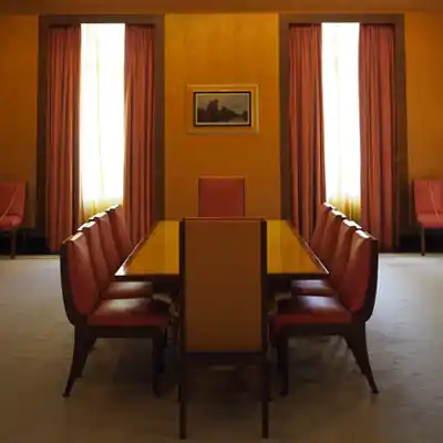 Modern design tables and chairs at Eltham Palace.