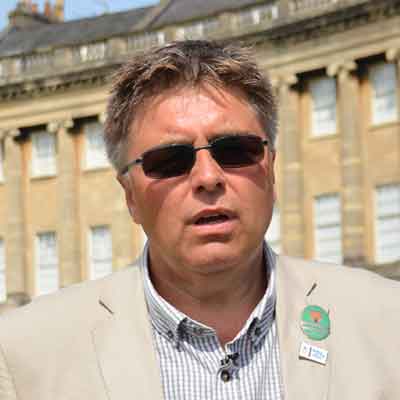 In dark sunglasses at Royal Crescent, Bath.