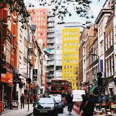Denmark Street from Charing Cross Road.