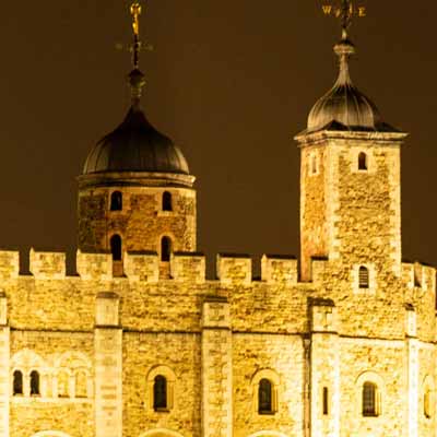 The White Tower illuminated at night.