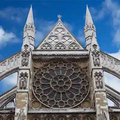The Gothic architecture of the North Entrance exterior.