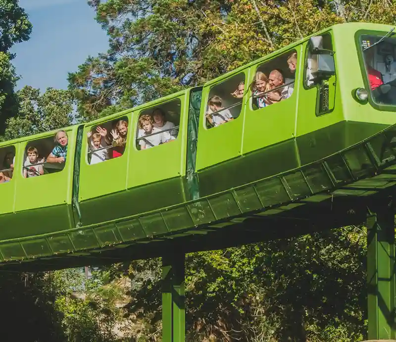 Monorail Guests enjoying a ride on a lime green elevated carriage.