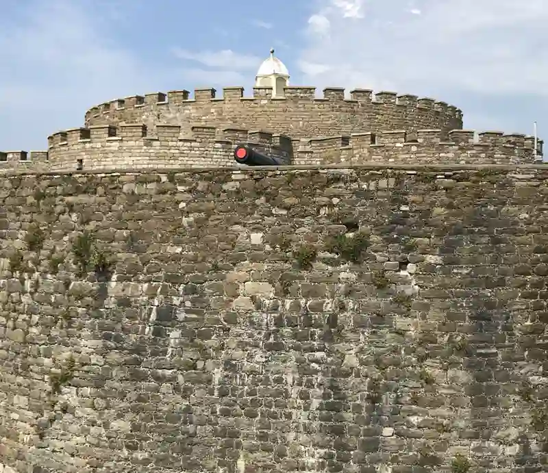 High stone exterior wall with cannon.