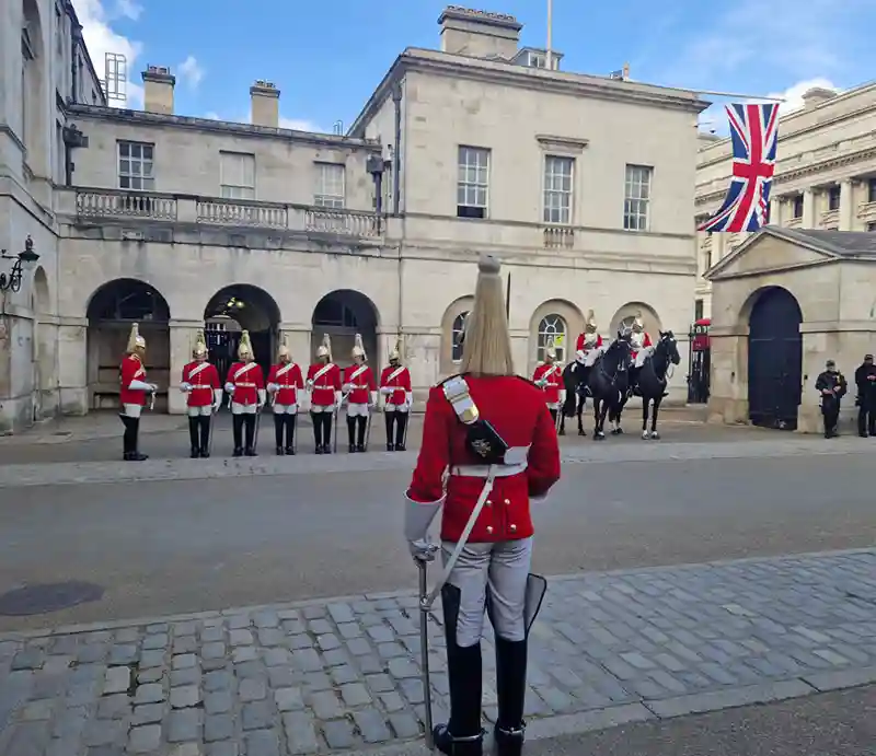 Horseguards Guards in red uniform on parade.
