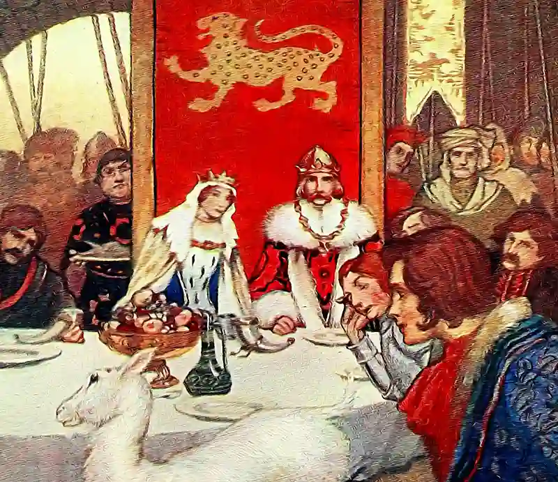 King Arthur illustration At the Round Table with Guinevere and his court.