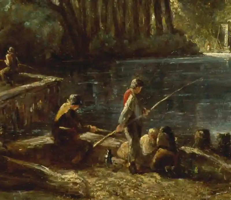 Stratford Mill detail Older man and a couple of children fishing, rods visible as they lean over the water's edge.