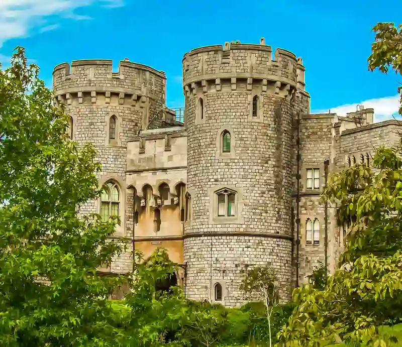 Turrets and battlements through trees.