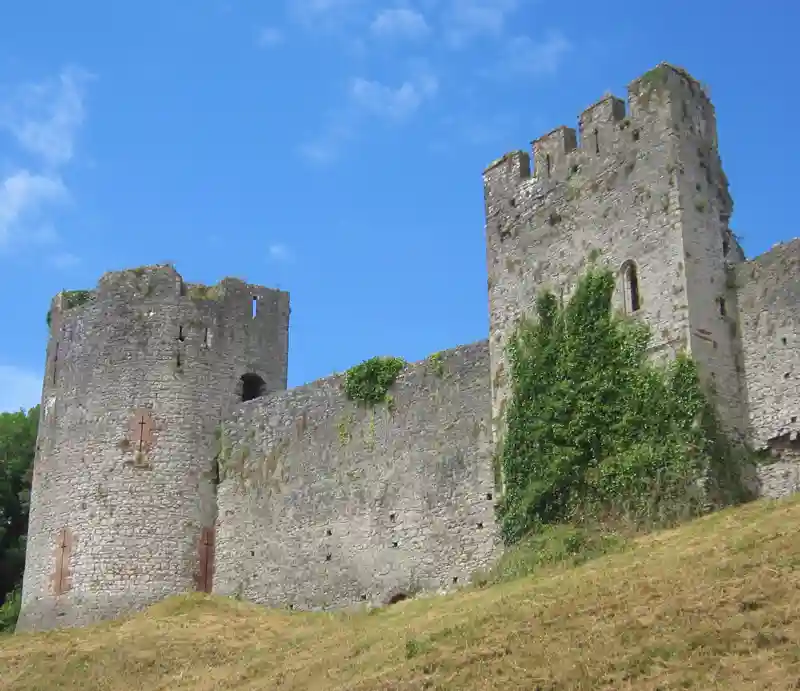 Chepstow Castle The towering fortifications atop grassy hill.