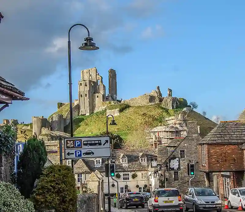 The village with the castle in the distance.