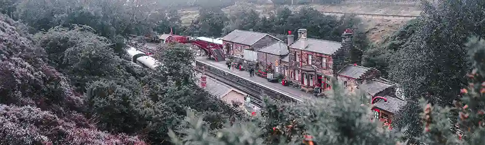 Goathland Station Aerial wide angle view of platform, rails and surrounding woodland..