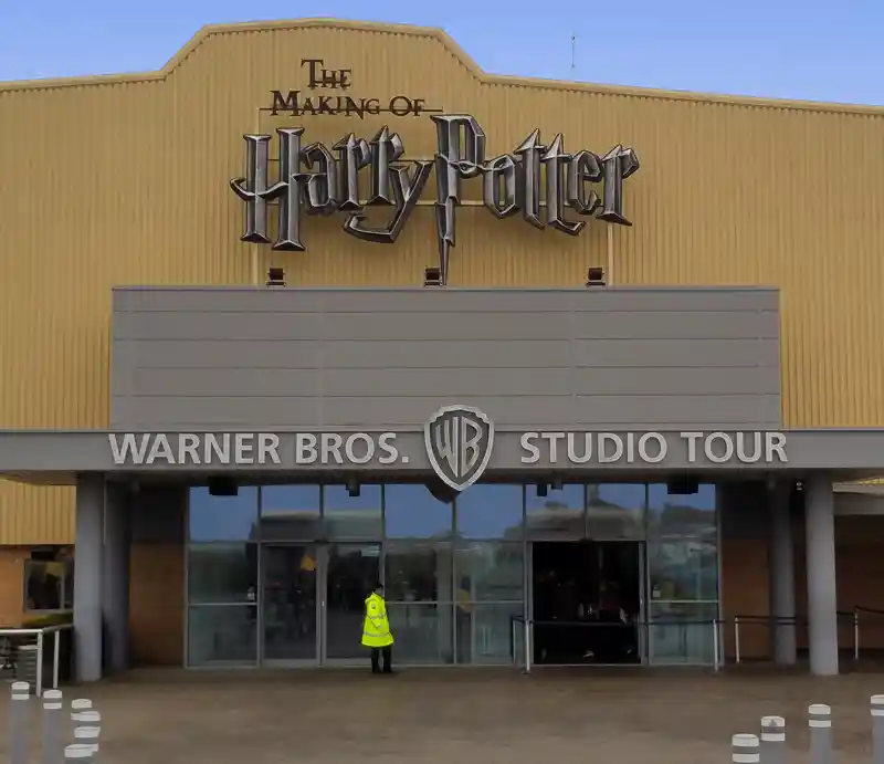 Warner Bros. Tour building The entrance below the iconic Harry Potter logo.