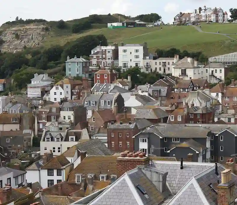 Hastings Town Picturesque buildings rising above the cliffs.