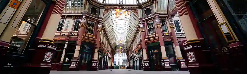 Leadenhall Market Wide angle of the Victorian arcade.