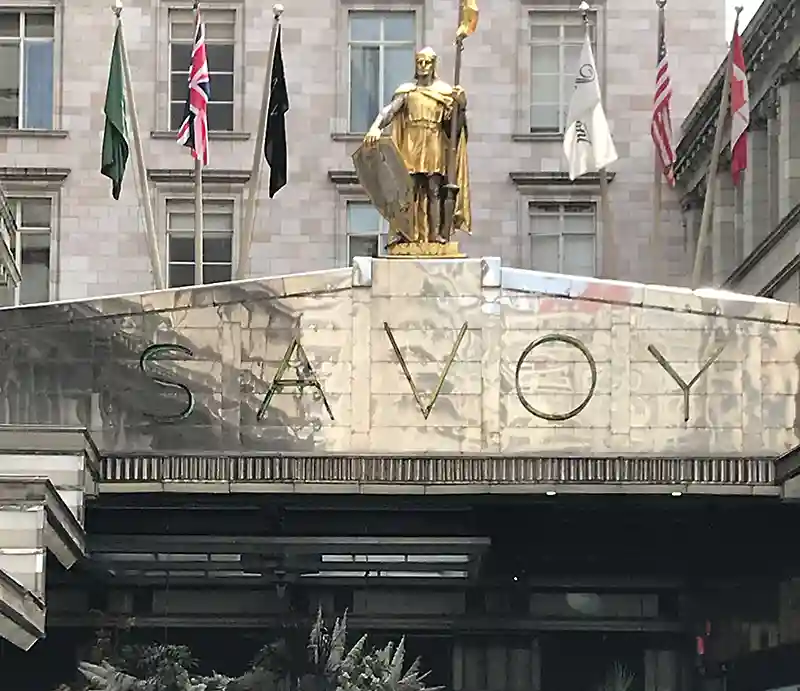 Savoy hotel Art deco style entrance with sign.