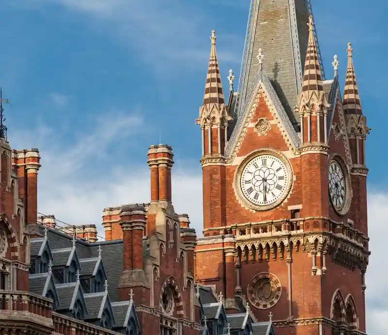 St. Pancras Station The brick-built Gothic Revival style clock tower.