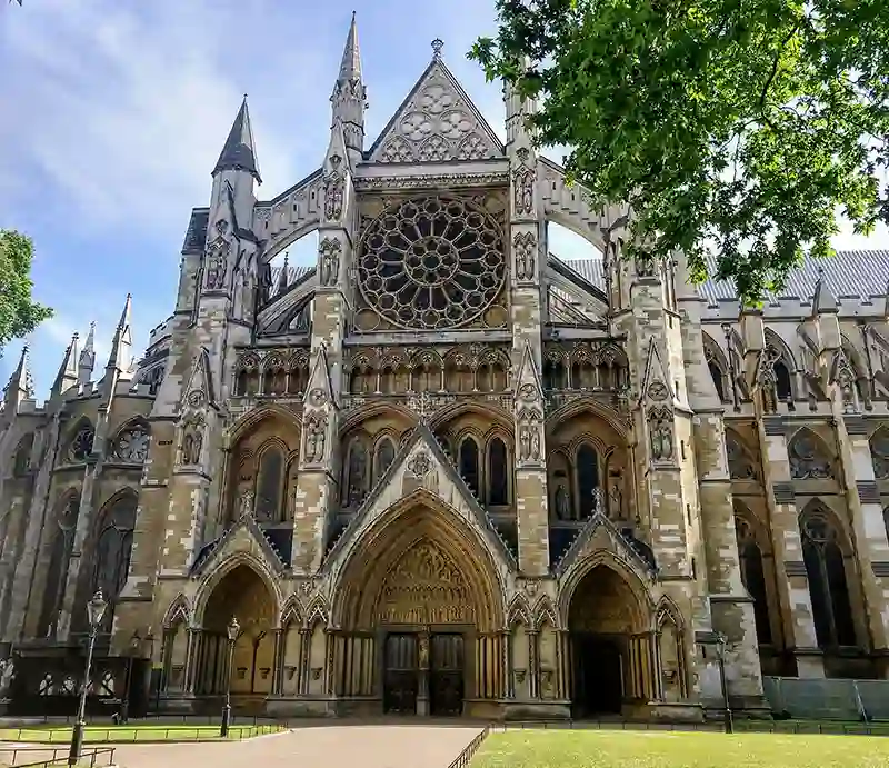 The Gothic architecture of the front of the building.