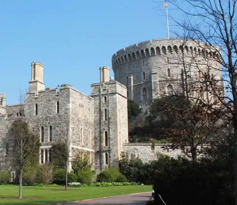 The Middle Ward round tower with clear blue skies.