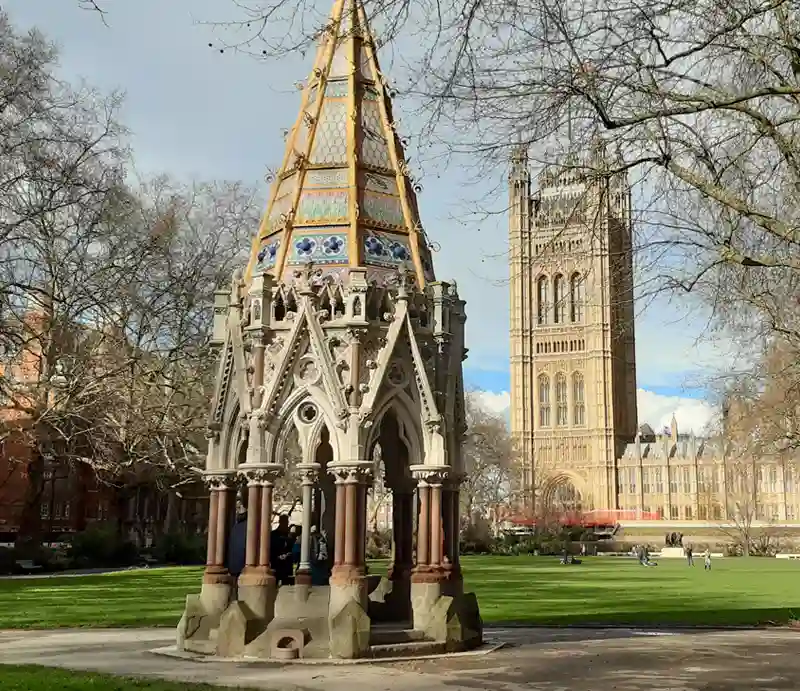 Buxton Memorial Fountain Octagonal neo-Gothic constuction with open arches and granite basins.