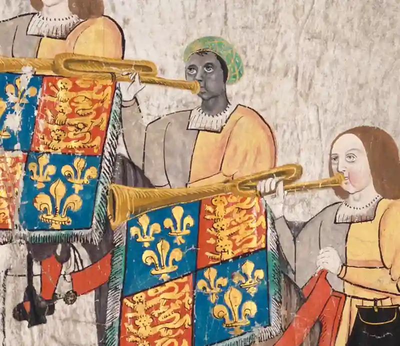 John Blanke Trumpeting on horseback wearing a green turban latticed with yellow.