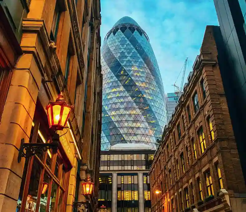 The Gherkin The skyscraper seen from near Leadenhall Market.
