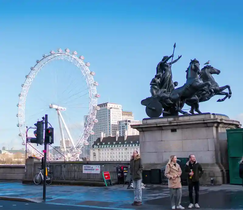 Embankment Boudiccan Rebellion statue towards the London Eye.