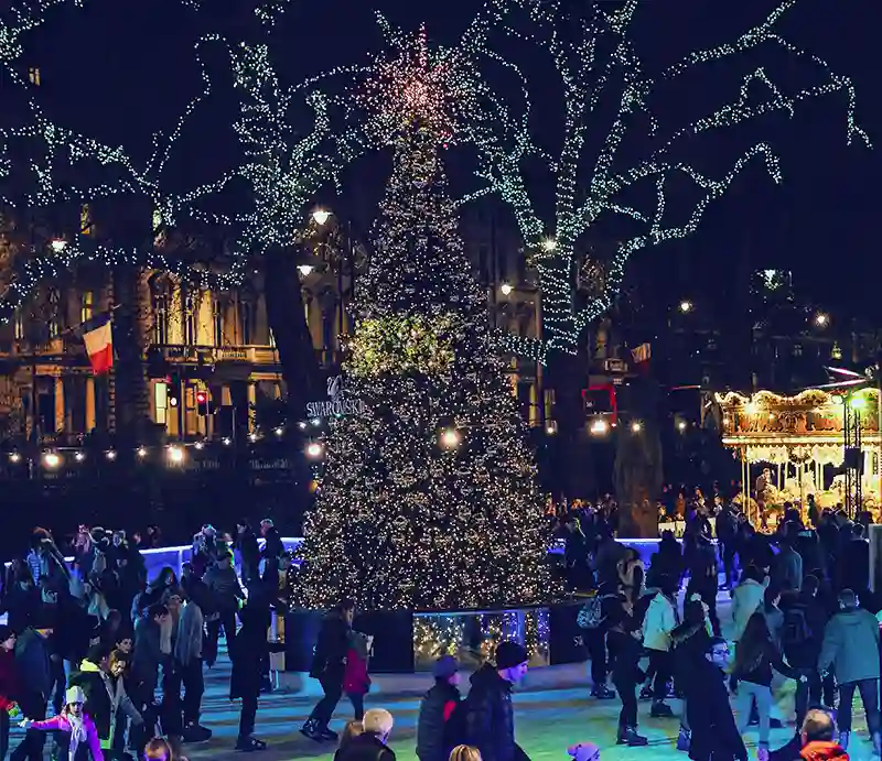 Illuminated Christmas Tree and visitors at night.