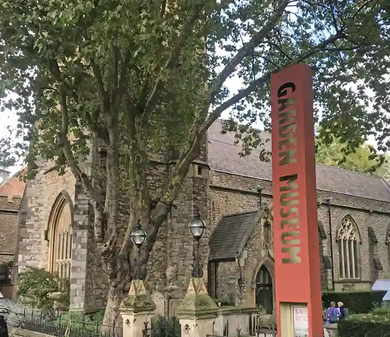 Garden Museum Exterior of the church with large vertical signage.