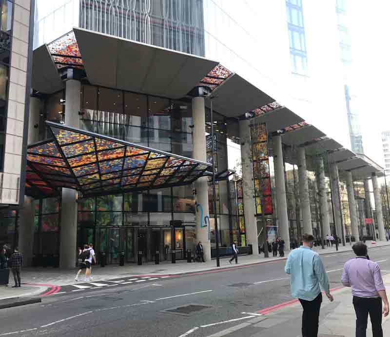 22 Bishopsgate Ground level with colourful glass entrance.