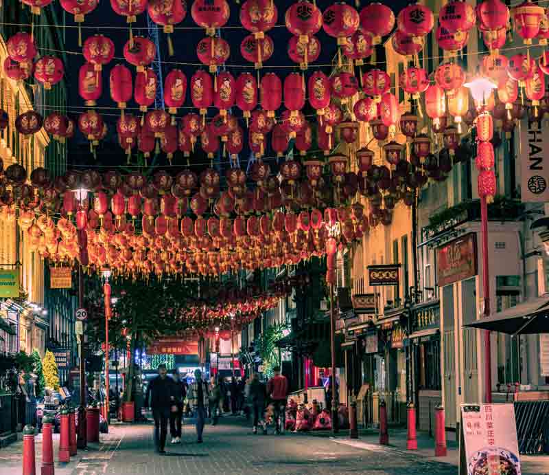 Chinatown Lanterns and restaurants.