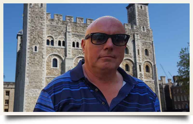 Outside the Tower of London on a bright sunny day.