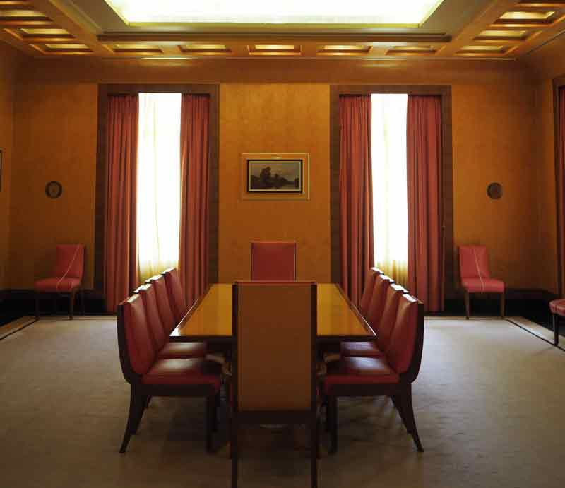 Eltham Palace Tour Art deco style decor with modernist table and chairs.