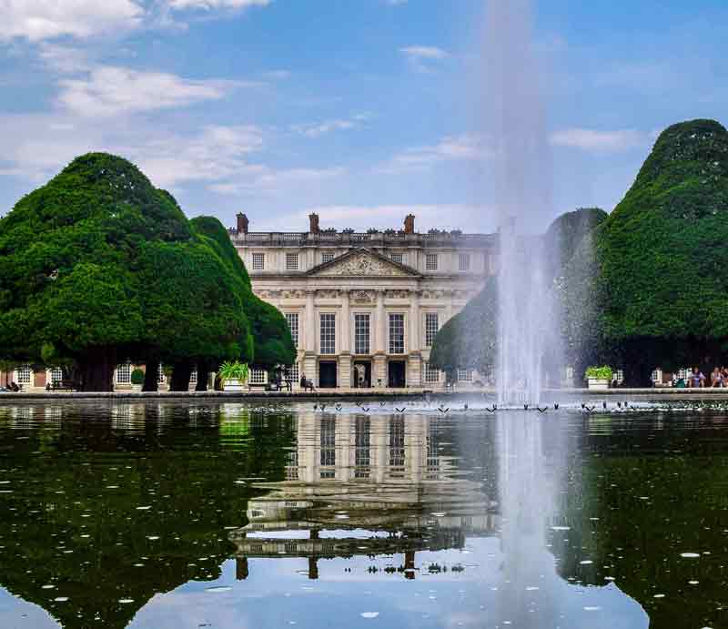 Fountain and ornamental trees.