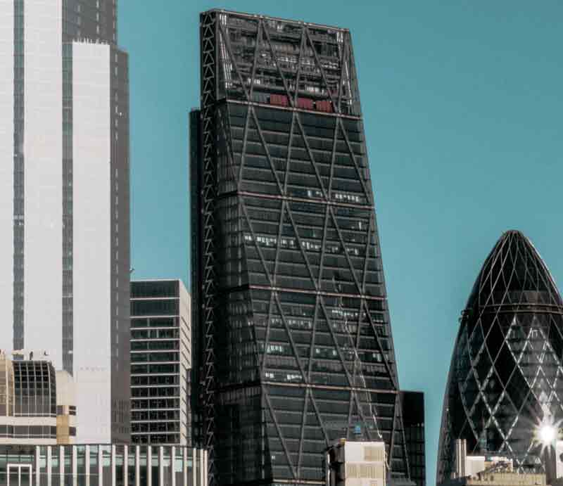 3/4 view showing angled face of the skyscraper.