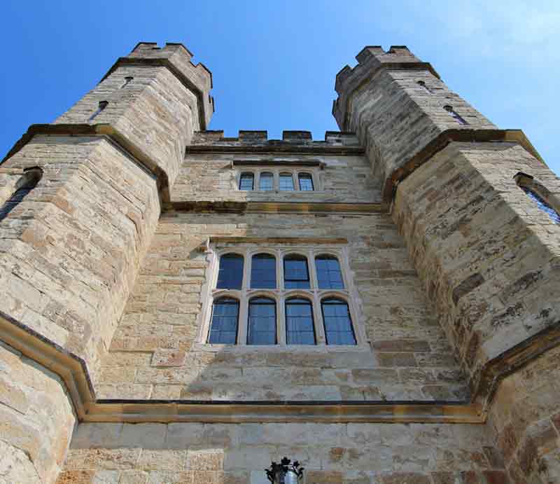 Looking up at the crenellated tower.