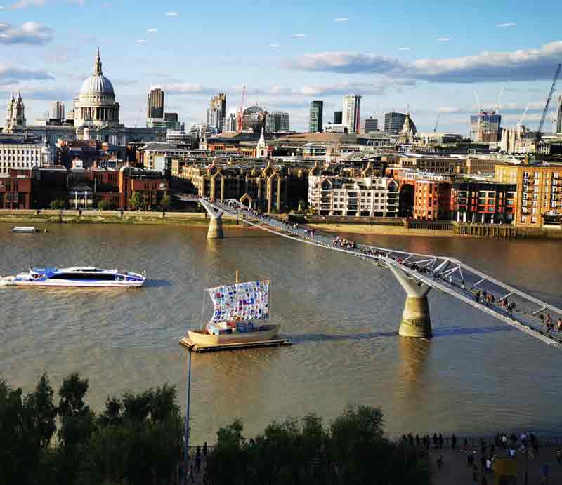Aerial view with St. Paul's Cathedral in the distance.