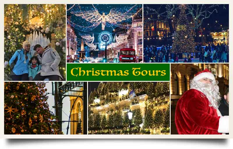 Montage of famous London Christmas lights locations.