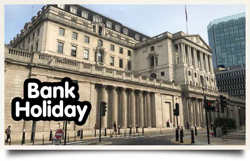 Bank of England tours postcard The Neoclassical styled exterior with caption 'Bank Holiday'.