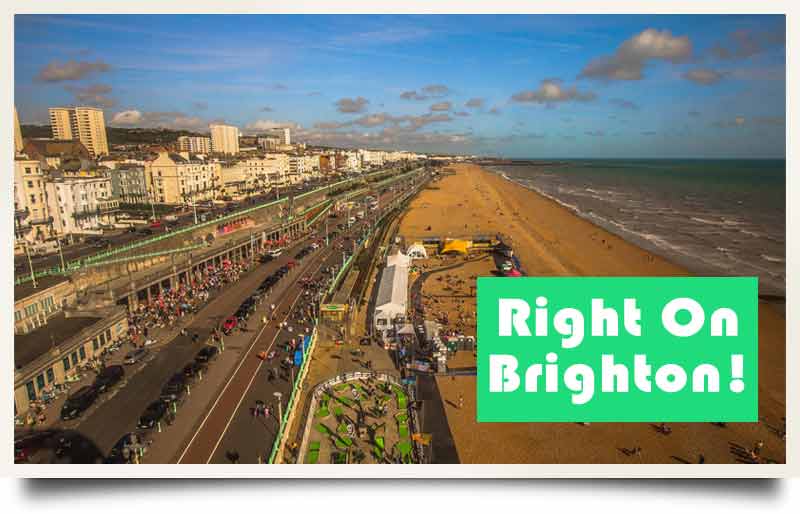 Brighton tours postcard Aerial view of the beach and promenade with caption 'Right on Brighton!'.