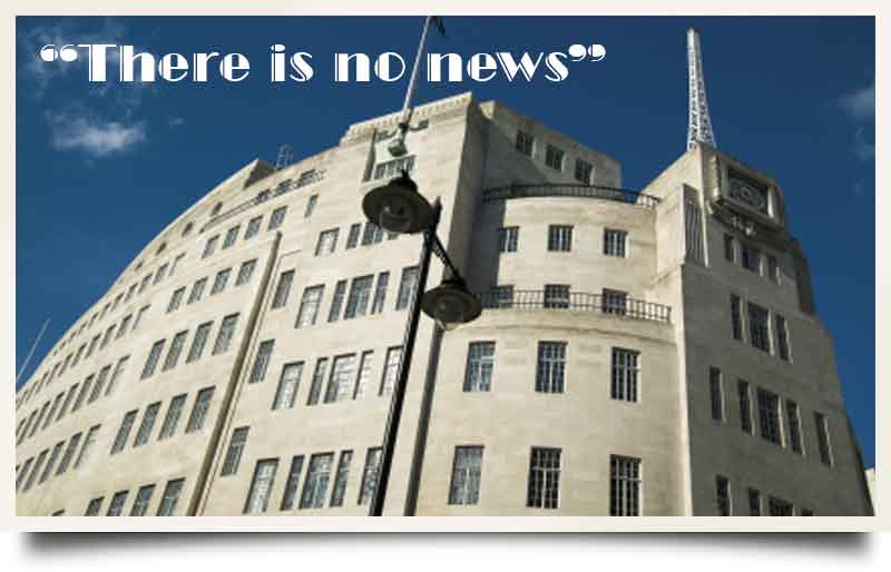Broadcasting House tours postcard Art deco styled exterior with caption 'There is no news'.