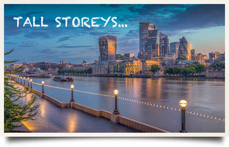 Dusk view across the Thames with caption 'Tall Storeys'.