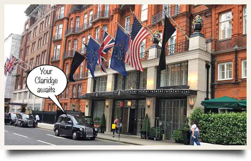 Claridge's tours postcard Front of the hotel with taxi and caption 'Your Claridge awaits'.