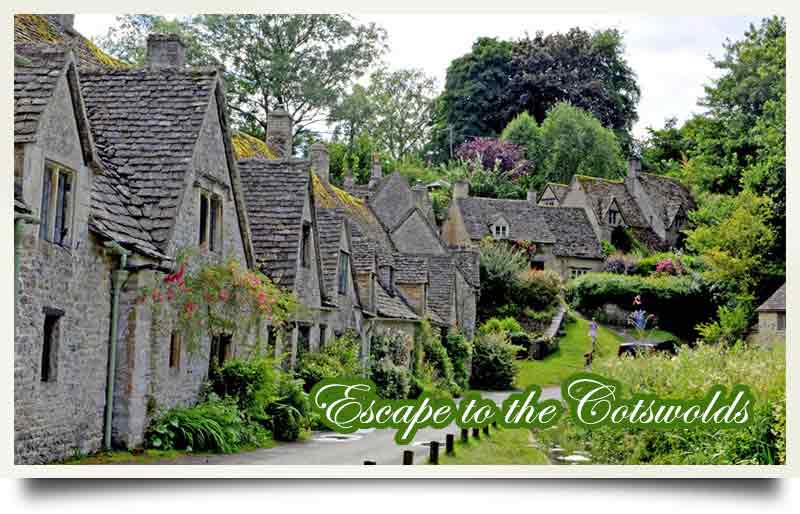 Cotswolds tours postcard Picturesque village and stone cottages with caption 'Escape to the Cotswolds'.