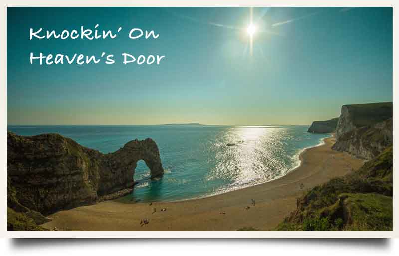 Dorset tours postcard Durdle Door and picturesque coastline with caption 'Knockin' on Heaven's Door'