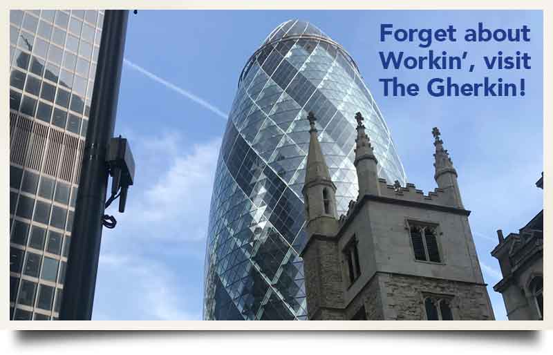The Gherkin Skyscraper tours postcard Behind a church with caption 'Forget about Workin', Visit The Gherkin.'.