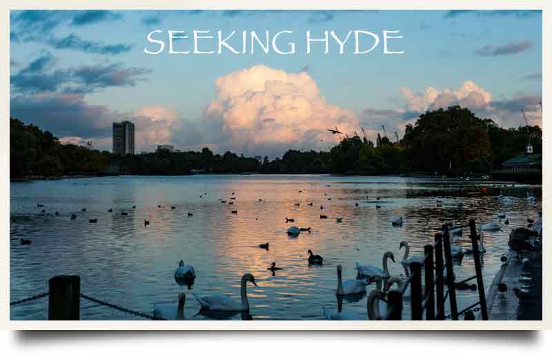 Hyde Park tours postcard The Serpentine lake at dusk with wild fowl with caption 'Seeking Hyde'.