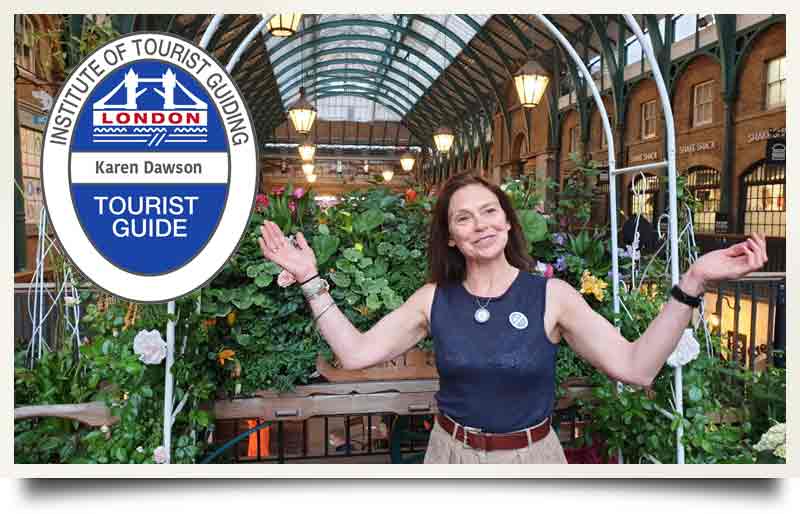 In Covent Garden indoor market with blue bage inset.