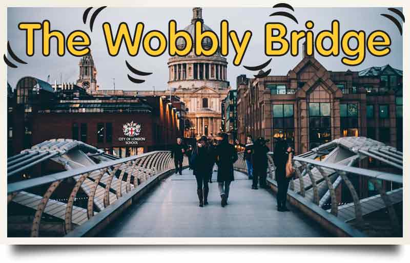 Millennium Bridge tours postcard Looking towards St Paul's Cathedral with comic vibration lines surrounding a caption 'The Wobbly Bridge'.