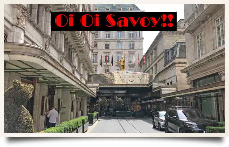 Savoy hotel tours postcard Entrance to the building with caption 'Oi Oi Savoy' in an art deco font.