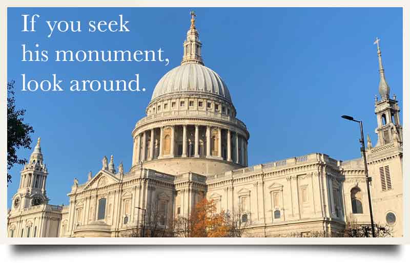 St Paul's Cathedral tours postcard Looking up at the dome with caption 'If you seek his monument, look around.'.