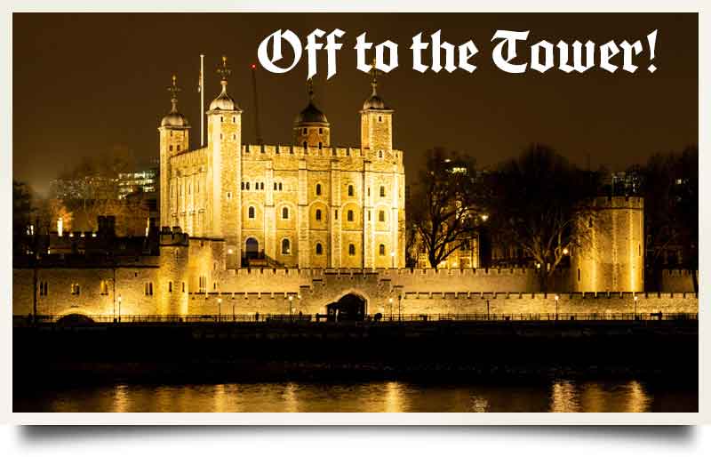 Tower of London tours postcard The 11th Century castle illuminated at night.